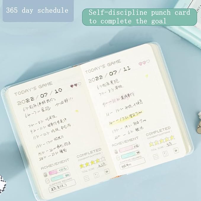 Undated Daily Planner 365 Days Notebook Game Design Pocket Organizer Appointment Book Journal Notebook A6 mini Cute Diary (Pink+Blue)