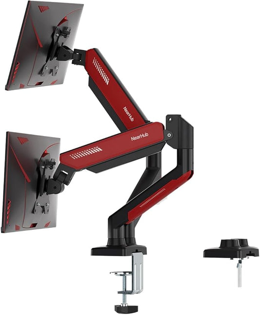 Dual Monitor Mount Gaming for Computer Screen 13-32" and up to 22 lbs,360° Rotation,+90° to -45° Tilt,180° Swivel,with C Clamp and Grommet Base,Integrated Cable Management,75x75/100x100 VESA,RED