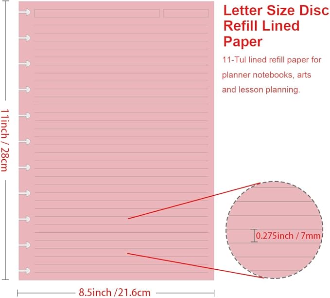 (2-Pack) Letter Size Discbound Lined Refill Paper, 11 Disc Discbound, 5 Colors(40 Sheets/Color), Total 200Sheets / 400Pages, 110gsm Thicker Paper, 8.5'' x 11''
