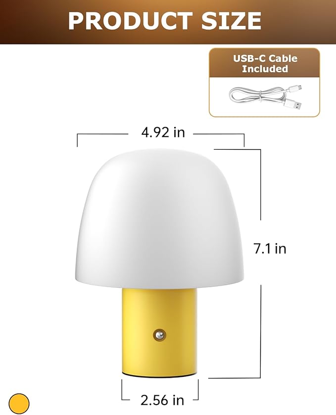 Portable LED Table Lamp, Cordless Desk Lamp Rechargeable, 3-Color Touch Stepless Dimming Night Light for Bedroom/Children's Room/Terrace/Dining Room/Cafe (Yellow)