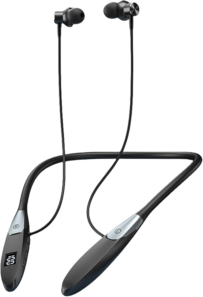 Neckband Bluetooth Headphones οΌ60H Music Time Wireless Stereo Neckband Earbuds with Bluetooth 5.3 LED Digital Display ENC Call Noise Cancellation Silicone Collar in Ear Headset for Sports/Workout