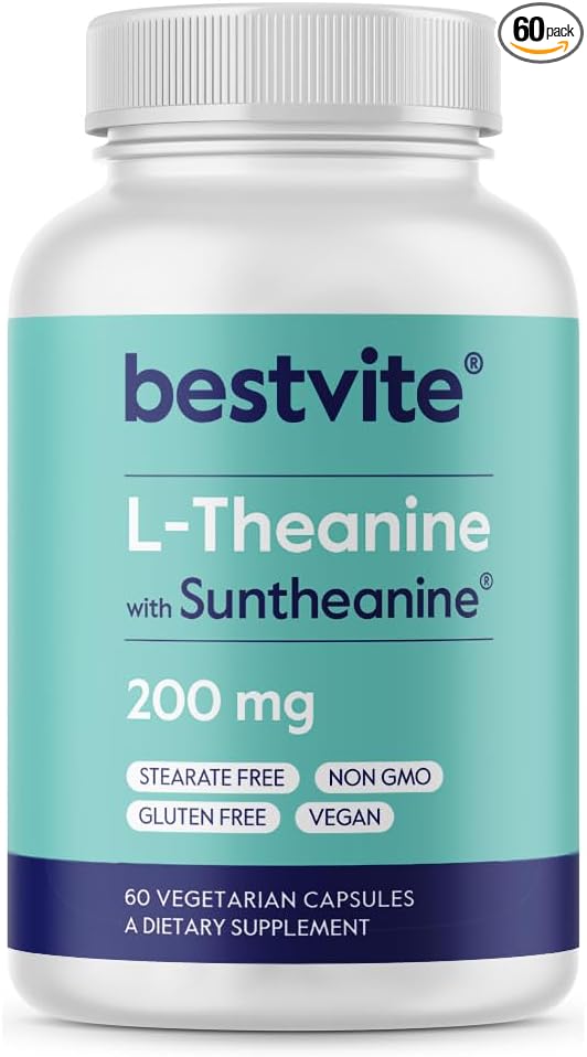 BESTVITE Double Strength Suntheanine L-Theanine 200mg – Patented & Clinically Studied – 60 Vegetarian Capsules – Vegan – No Stearates – Non GMO – Gluten Free – Relaxation Support