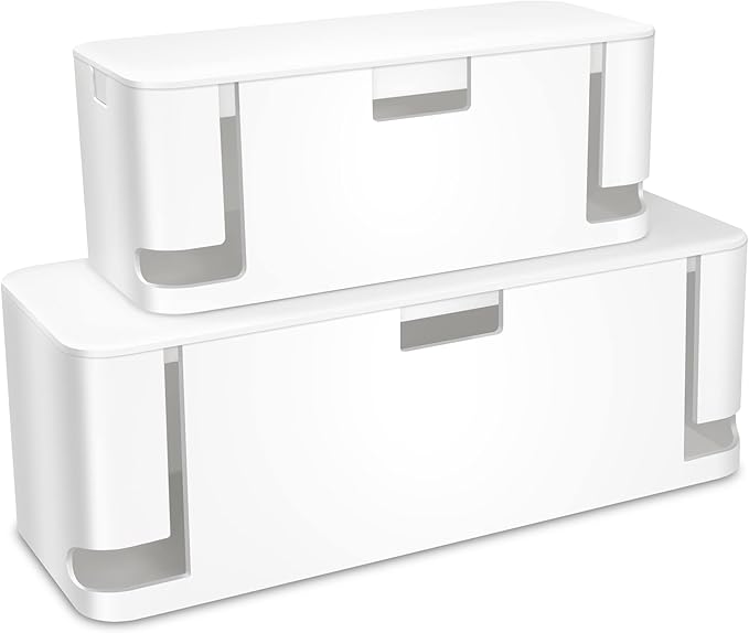 Cable Management Box White, 2Pack Cord Organizer Box - Extra Large and Medium Size, Cord Hider Box to Conceal Power Strips on Desk or Floor, Made from Electrically Safe ABS Material