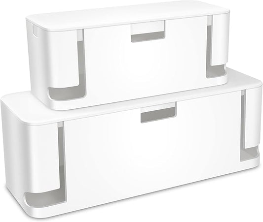 Cable Management Box White, 2Pack Cord Organizer Box - Extra Large and Medium Size, Cord Hider Box to Conceal Power Strips on Desk or Floor, Made from Electrically Safe ABS Material