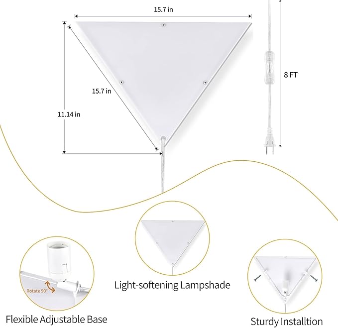 Dimmable LED Corner Light with Remote, 3000K/4000K/6000K Plug in Ceiling Light, Corner Lights for Living Room, Bedroom, Kids Room, 1 Hour Timer, Triangle Lamp for Dark Area(9W Bulb Include)