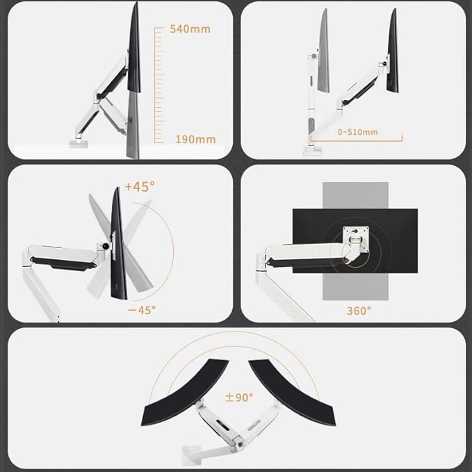 White Ultrawide Single Monitor Arm Heavy Duty Desk Mount Computer Stand for 17 to 45 inch Adjustable Gas Spring Bracket, Screen up to 30lbs with VESA max 100x100mm M7P