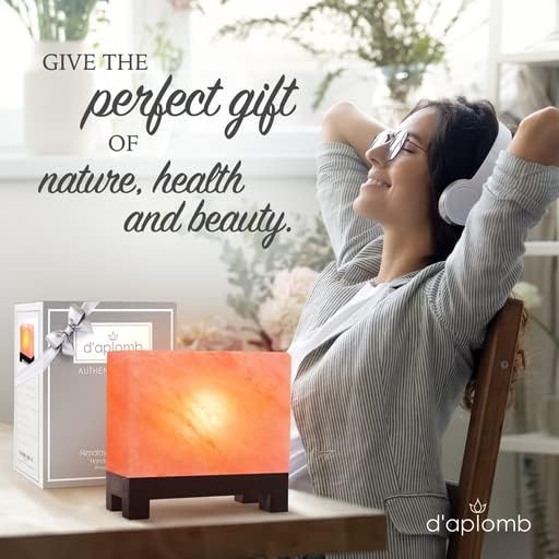 d'aplomb 100% Authentic Natural Himalayan Salt Lamp;Hand-Carved Modern Rectangle Rare Pink Crystal Rock Salt from The Himalayan Mountain; Footed Wood Base, Dimmer Cord; 11.5 lbs