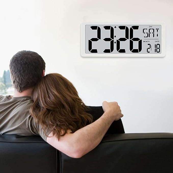 TXL 14.2" Large Digital Day Wall Clock, Custom 8 Languages Calendar, Count up-Down Timer and Temp Reminder, 12/24Hr Desktop Alarm Clock with Extra Large Display for Home Office Studio Hotel, White