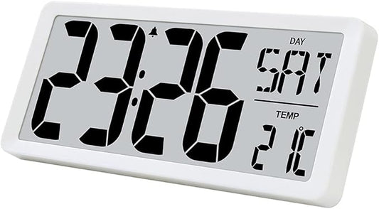 TXL 14.2" Large Digital Day Wall Clock, Custom 8 Languages Calendar, Count up-Down Timer and Temp Reminder, 12/24Hr Desktop Alarm Clock with Extra Large Display for Home Office Studio Hotel, White