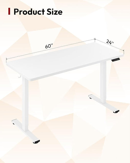 SANODESK Electric Standing Desk 60 x 24 Inches Whole-Piece Desktop Height Adjustable Stand Up Desk w/6-Button Controller Ergonomic Computer Desk for Home Office, White Frame + White Tabletop