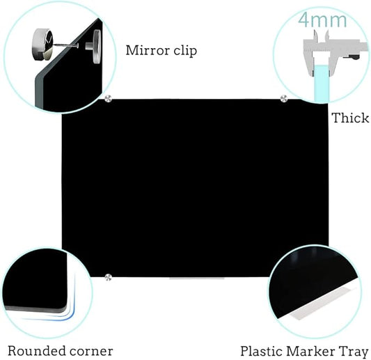 DEVELOP Magnetic Black Glass Dry Erase Board 24 x 18 Inches (60 x 45 cm), Small Frameless Wall Mounted Writing Glass Whiteboard with 4 Markers, 2 Magnets, 1 Eraser