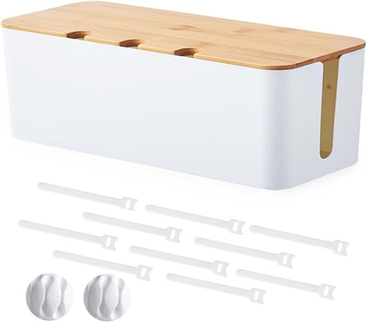 Cable Management Box, Cord Cable Organizer Box with Bamboo Lid, Under Desk Cable Management with 10 Cable Ties and 2 Cable Clip Holders for TV Router Computer USB Hub White