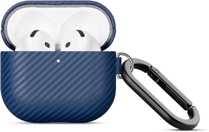 Leather Case for AirPods 4 / AirPods 4 with Active Noise Cancellation Case Cover with Keychain - Selected Skin-Friendly Leather, Carbon Fibre Texture, Handmade Shockproof Hard Cover - Blue