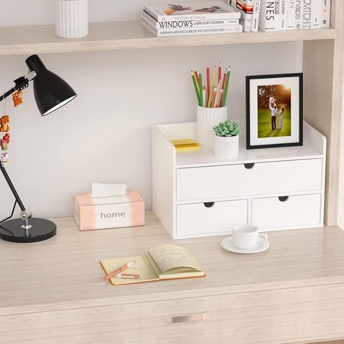 Wisuce Bamboo Desk Organizer - Mini Bamboo Desk Drawer Tabletop Cosmetic Storage Organization for Office or Home White with Shelf