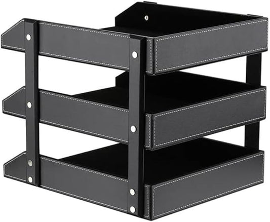 Leather Desk Organizer, NIFIVE Stackable Document Tray, Perfect Desktop Organization Holder for Files, Folder, Stationery, Magazine, Newspaper, Mail, Office Supplies (Black 3-Tier)