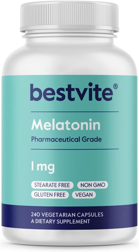 BESTVITE Melatonin 1 mg (240 Vegetarian Capsules) - No Stearates - No Sucralose, No Dextrose, No Silicon Dioxide, No Mannitol - Vegan - Non-GMO - Gluten-Free