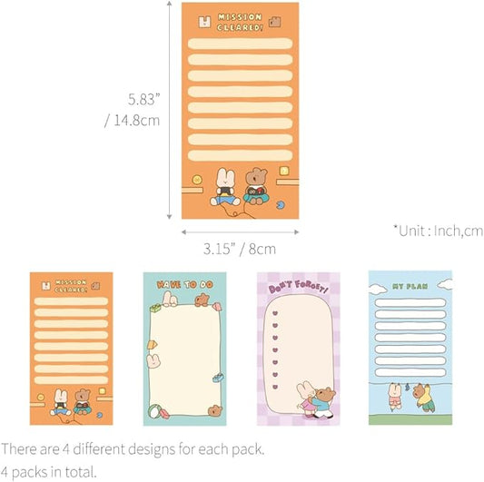 Monolike Memopad Happy and Lucky Littles Series.1 4P SET - 4 Packs, 4 Different Designs, 80 Sheets Per Pad, Total 320 Sheets, Note pads, Writing pads, 80x148mm