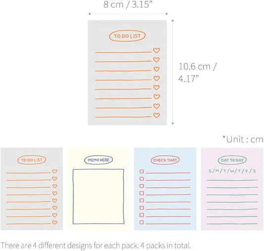 Monolike Memopad Sketch Planning design SET - 4 Packs, 4 Different Designs, 100 Sheets Per Pad, Total 400 Sheets, Note pads, Writing pads, 3.15 x 4.17 Inches