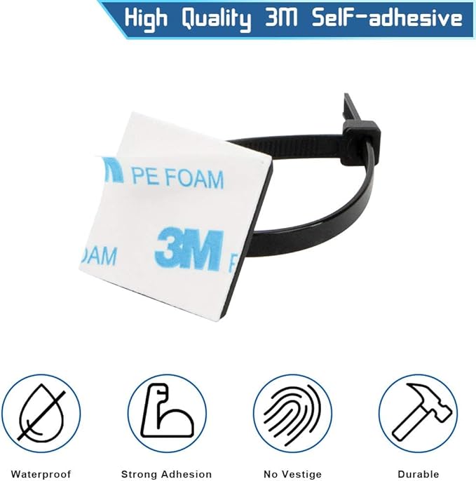 Zip Tie Mount 3/4" Black Small Wire Tie Adhesive Mounting 100 Pcs for Wire Clips Cable Management Cable Tie Anchors for Home Office Wiring Durable Pro-grade UV Wire Holder Organizer for Tidy Cabling