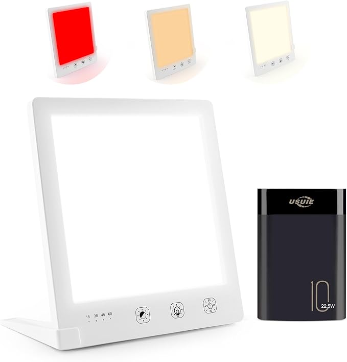 Light Therapy Lamp with Red & White Light - 10,000 Lux LED Sun Light Therapy Lamp for Face, Energy, Sleep & Skin Care, 4 Adjustable Modes & 5 Brightness Levels, Timer Function, UV-Free with Power Bank