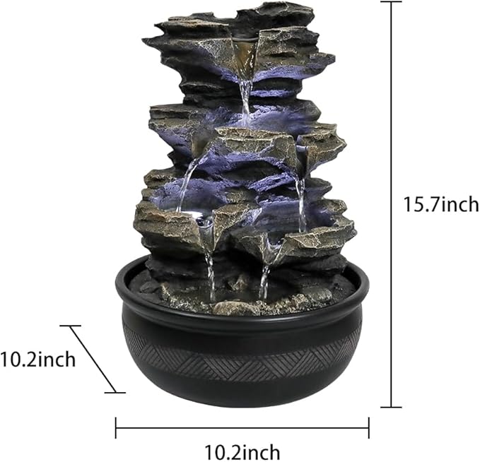 15.7” High Rock Falls Tabletop Water Fountain with LED Lights - Indoor 5-Tier Cascading Fountain for Home and Office Decor (Gray_3, 15.7" high)