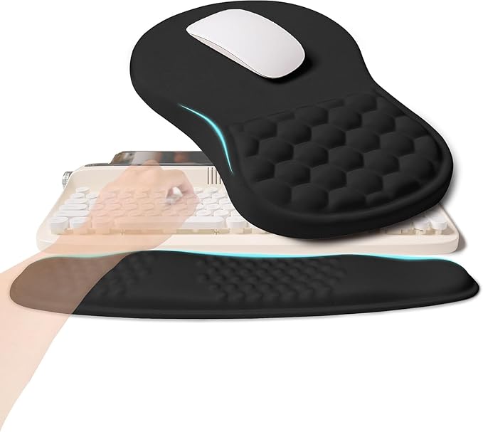 2-in-1 Ergonomic Set, Wave Rise Keyboard Wrist Rest and Massage Bulge Slope Mouse Pad Wrist Support, Cushion Memory Foam Integrated to Relieve Wrist Pain, Black