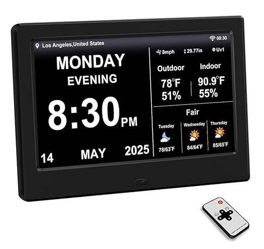 2025 New Digital Clock with Temperature/Humidity & Weather Forecast, Auto Time Sync Large Display, Custom Alarms & Medication Reminders, Ideal for Elderly(Black, 7-Inch)