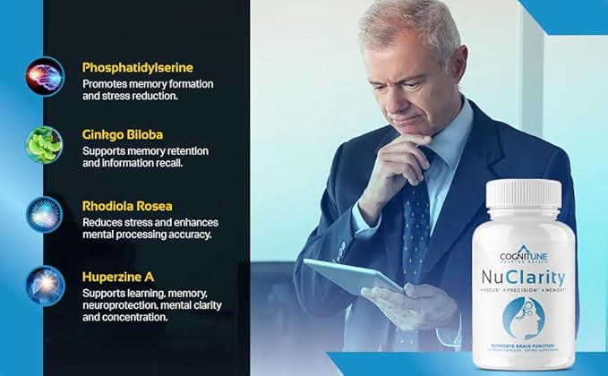NuClarity - Premium Nootropic Brain Supplement - Focus, Energy, Memory Booster - Mental Clarity & Cognitive Support - Ginkgo Biloba, Bacopa Monnieri, Alpha-GPC, Phosphatidylserine, Rhodiola Rosea