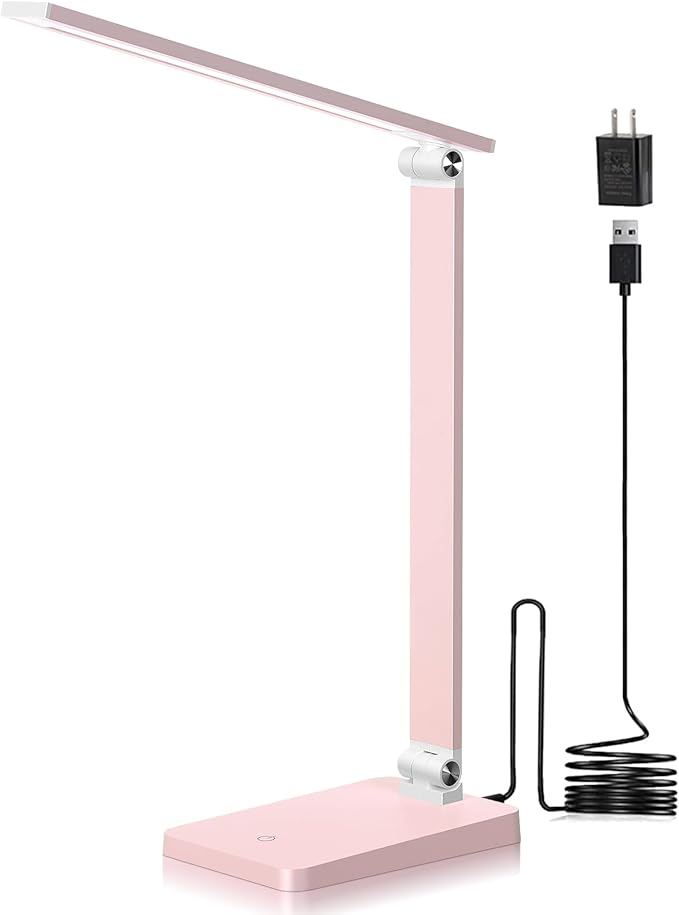 LED Desk Lamp for Home Office, 3 Levels Dimmable Reading Desk Light with USB Charging Port, Desk Accessories Touch Control Table Lamp, Eye-Caring Small Study Lamp for College Dorm Room, Pink, 5000K