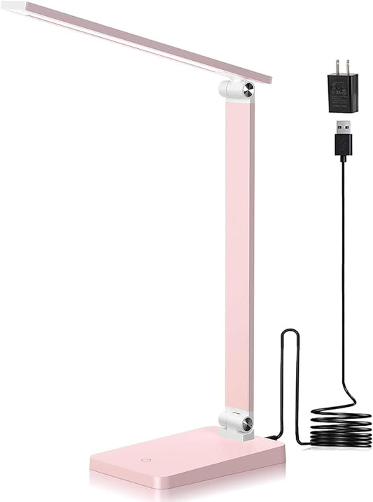 LED Desk Lamp for Home Office, 3 Levels Dimmable Reading Desk Light with USB Charging Port, Desk Accessories Touch Control Table Lamp, Eye-Caring Small Study Lamp for College Dorm Room, Pink, 5000K