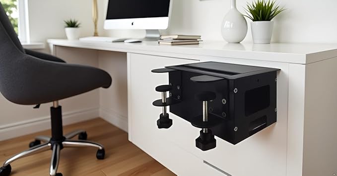 Aluminum Cable Management Box Under Desk No-Drill - Flip-Top Cable Organizer with Dustproof Brush, Clamp-On Small Cable/Cord Management Tray Black for Home Office Standing Desk
