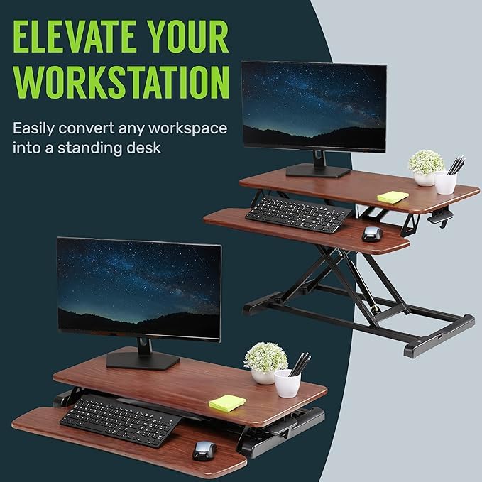 TechOrbits Standing Desk Converter - 42 Inch Adjustable Sit to Stand Up Desk Workstation, MDF Wood, Ergonomic Desk Riser with Keyboard Tray, Desktop Riser for Home Office Computer Laptop, Black 42"