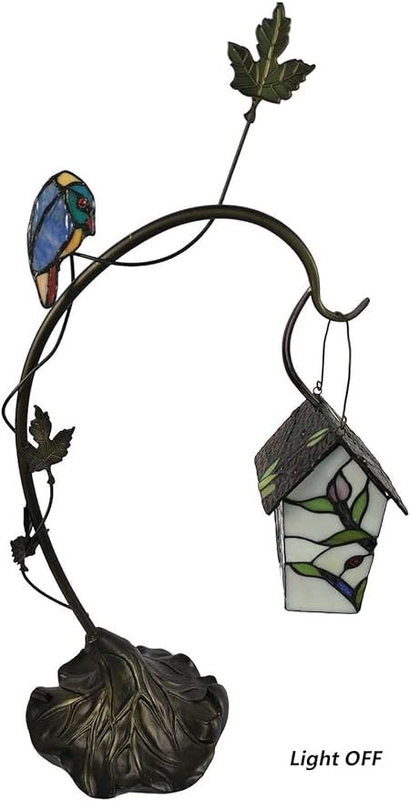 Bieye L10617 Tiffany Style Stained Glass Birdhouse Table Lamp for Home Decor (21-inch High, Pink Flower)