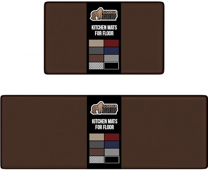 GORILLA GRIP 2 Pack Comfortable Cushioned Kitchen Mats for Floor, 17x29 + 17x59, Waterproof and Stain Resistant, 1/2 Inch Thick Soft Ergonomic Standing Desk Anti Fatigue Mat, Foam Supports Feet, Brown
