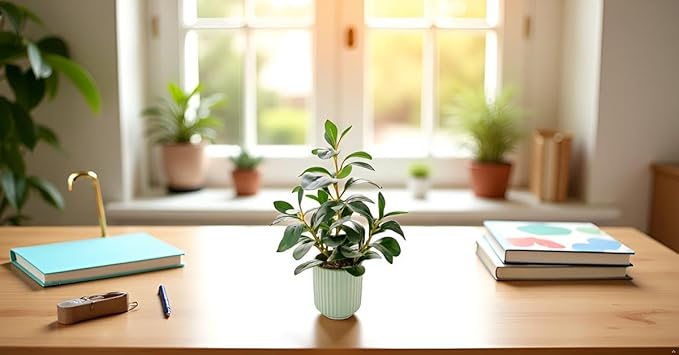 14.6'' Fake Plant Ficus Leaves Artificial Plant in Light Green Ceramic Stripe Planter Faux Real Looking and Touching Evergreen for Home Living Room Indoor & Outdoor