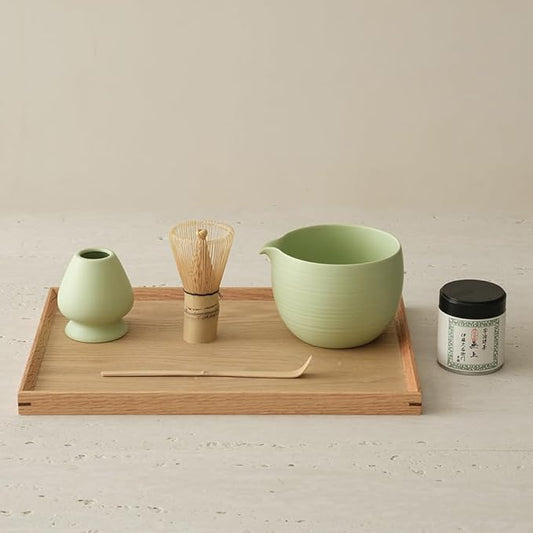 Matcha Whisk Set, Ceramic Matcha Bowl & Whisk Holder, Bamboo Accessory, Modern Design (Mint Green, Pouring Spout)