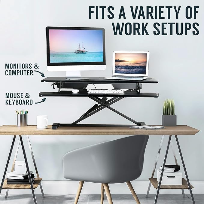 TechOrbits Standing Desk Converter - 42 Inch Adjustable Sit to Stand Up Desk Workstation, MDF Wood, Ergonomic Desk Riser with Keyboard Tray, Desktop Riser for Home Office Computer Laptop, Black 42"