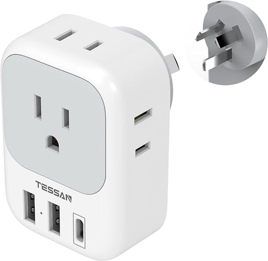Australia New Zealand Power Adapter, TESSAN Type I Travel Adaptor with 4 American Outlets 3 USB Charger (1 USB C Port), Plug for US to Australian China Argentina Fiji Cook Islands AU