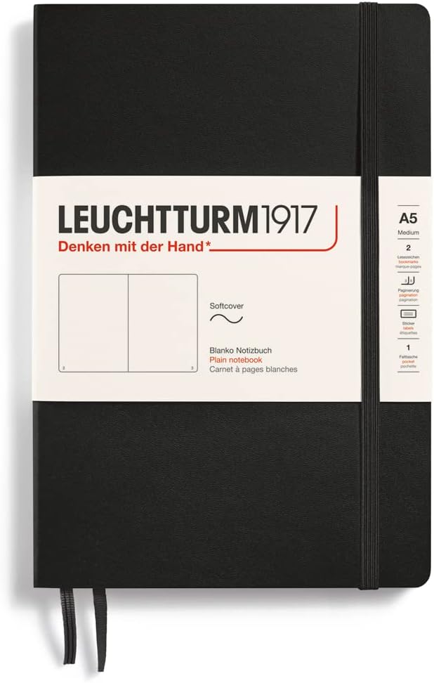 LEUCHTTURM1917 - Notebook Softcover Medium A5-123 Numbered Pages for Writing and Journaling (Plain, Black)
