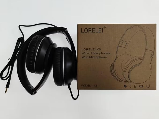 LORELEI X6 Over-Ear Headphones with Microphone, Lightweight Foldable & Portable Stereo Bass Headphones with 1.45M No-Tangle, Wired Headphones for Smartphone Tablet MP3 / 4 (Space Black)