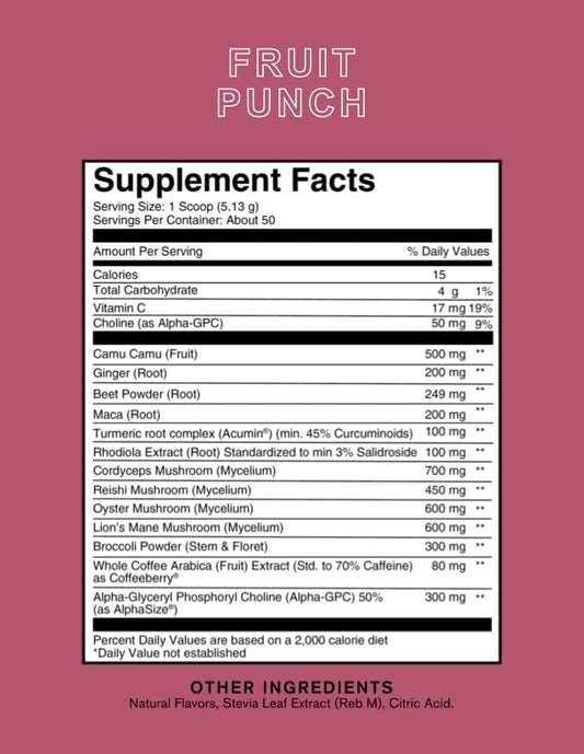 Roots Focus Nootropic Brain Supplement - Fruit Punch, Blend of Lion's Mane, Cordyceps, & Reishi Functional Mushrooms + Extended-Release Caffeine, 50 Servings