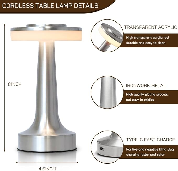 Cordless Metal Desk Lamp, Touch Sensor Control LED Table Lamp,3 Color Stepless Dimmable Battery Powered Lamp for Living Room, Dorm, Home Office (Silver)