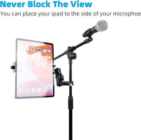 Aluminum Tablet Holder for Mic Stand, Side Mount for All iPad, 360 Rotatable With Super Clamp Compatible for iPad Pro 12.9, Air, Mini, Galaxy Tabs, 4.7-15" Tablets