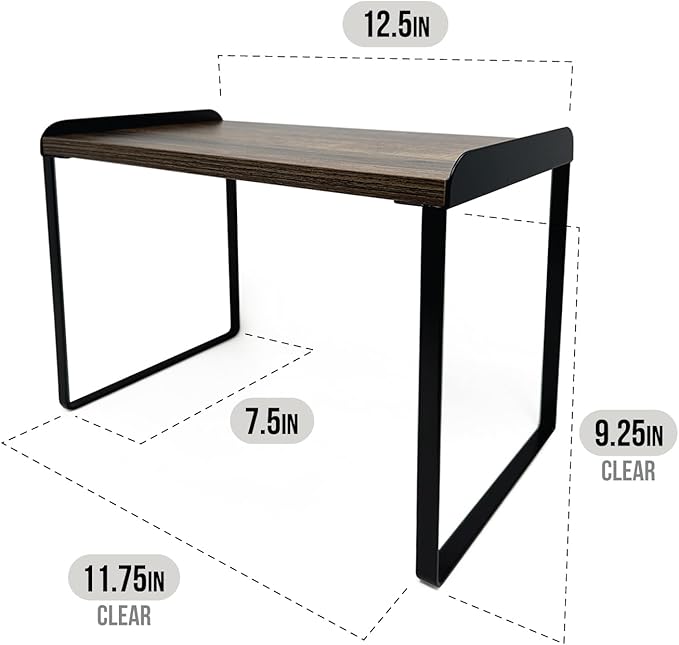 Mitus Shelf Organizer and Storage, Tiered Wood Cabinet Rack for The Kitchen Counter, Bathroom Counter, Pantry Cupboard, Office Desk Bookshelf, 12" Wide Walnut Brown and Black (Large)