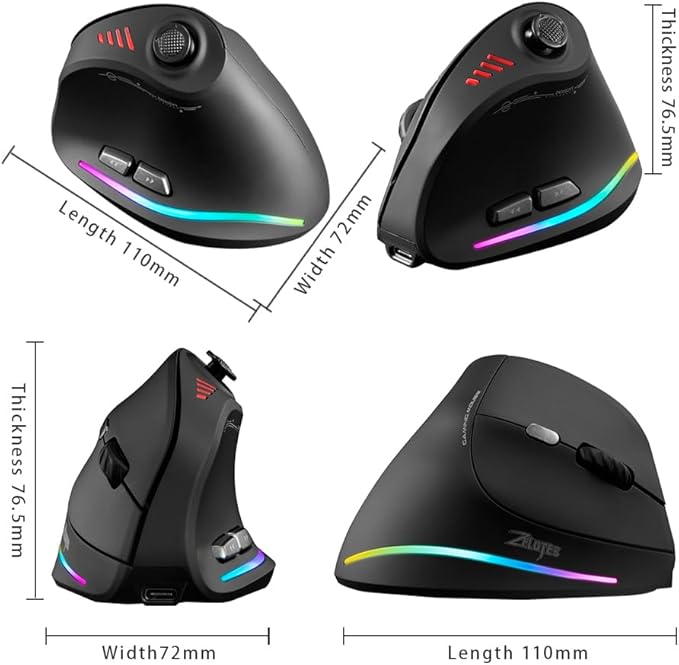 zelotes Bluetooth Wireless Mouse with Joystick,Rechargeable,24.000 DPI,11 Programmable Buttons,RGB,Dual Mode (BT+2.4G USB Receiver),Optical Vertical Ergonomic Gaming Mouse for Laptop,PC,Tablets