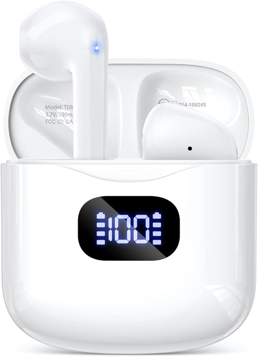Wireless Earbuds Bluetooth 5.3 Headphones, 40Hrs Playback Stereo Ear Buds with LED Display Charging Case IPX7 Waterproof in-Ear Earphones with Mic for Phone Tablet Laptop Sports, White