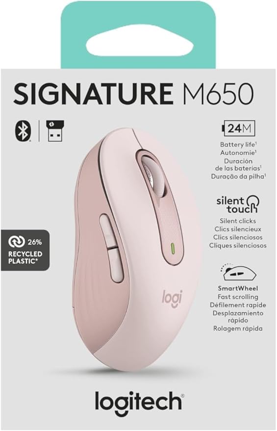Logitech Wireless Mouse Signature M650- Small Hands, 2-Year Battery, Silent Clicks, Customizable Buttons, Bluetooth, PC/Mac/Chromebook - Rose, Right-Handed, Small-Medium
