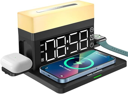 IHAO 6in1 Smart Alarm Clock with Wireless Charger RGB Mood Light 15W Fast Wireless Charging for All Qi Phone TWS Headphone Compliant with i-Watch 7 Color Night Light Large Digital Display-Black