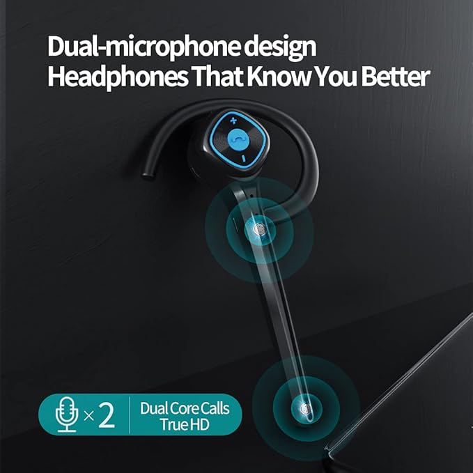 AYI Wireless Bluetooth Earpiece Headphone Dual Noise Cancelling Mic Painless Open-Ear Handsfree Headset Stereo Sound Left/Right Changeable Earhook Earphones for Driving/Business/Gym