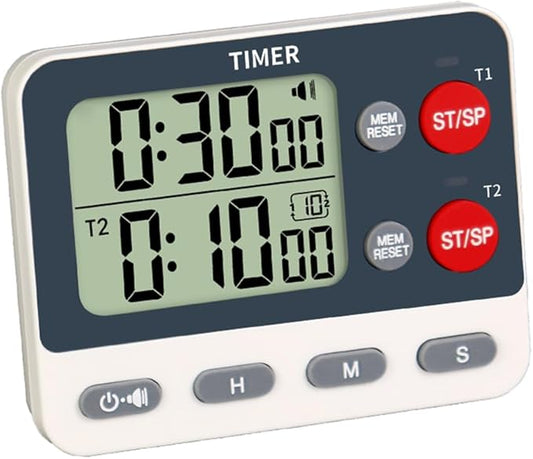 Digital Dual Kitchen Timer, 2 Groups Cycle Countdown Timer, ON/Off Memory Function, Loud Volume Flashing Light Alarm with Magnetic Back, Stand, Battery Included